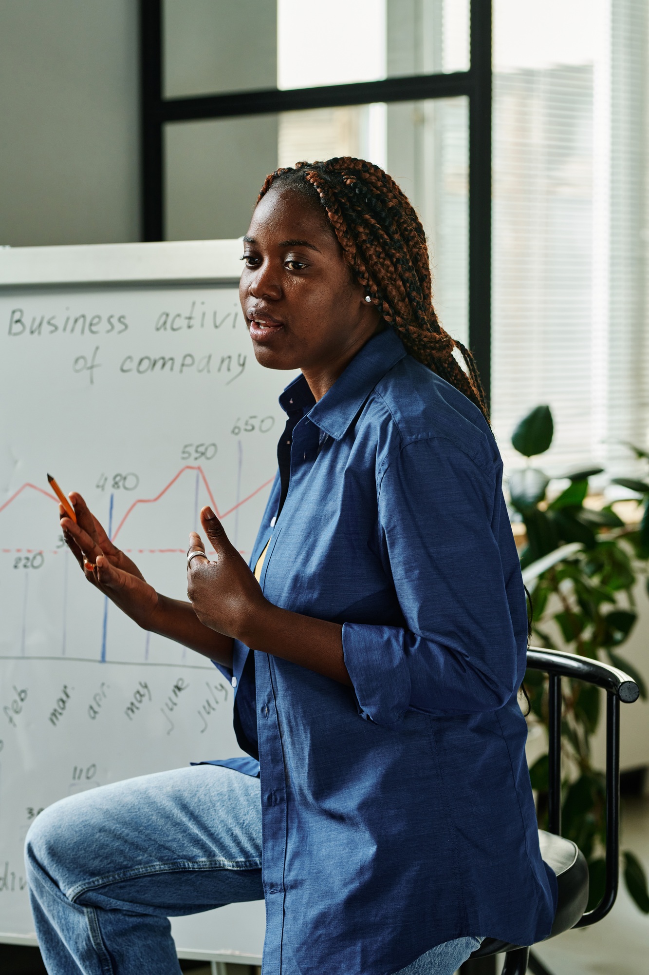 Young business coach in denim casualwear explaining graph